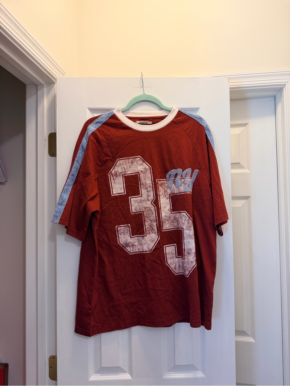 Anthropologie Rust Red Graphic '35' Short Sleeve Tee with Blue Trim